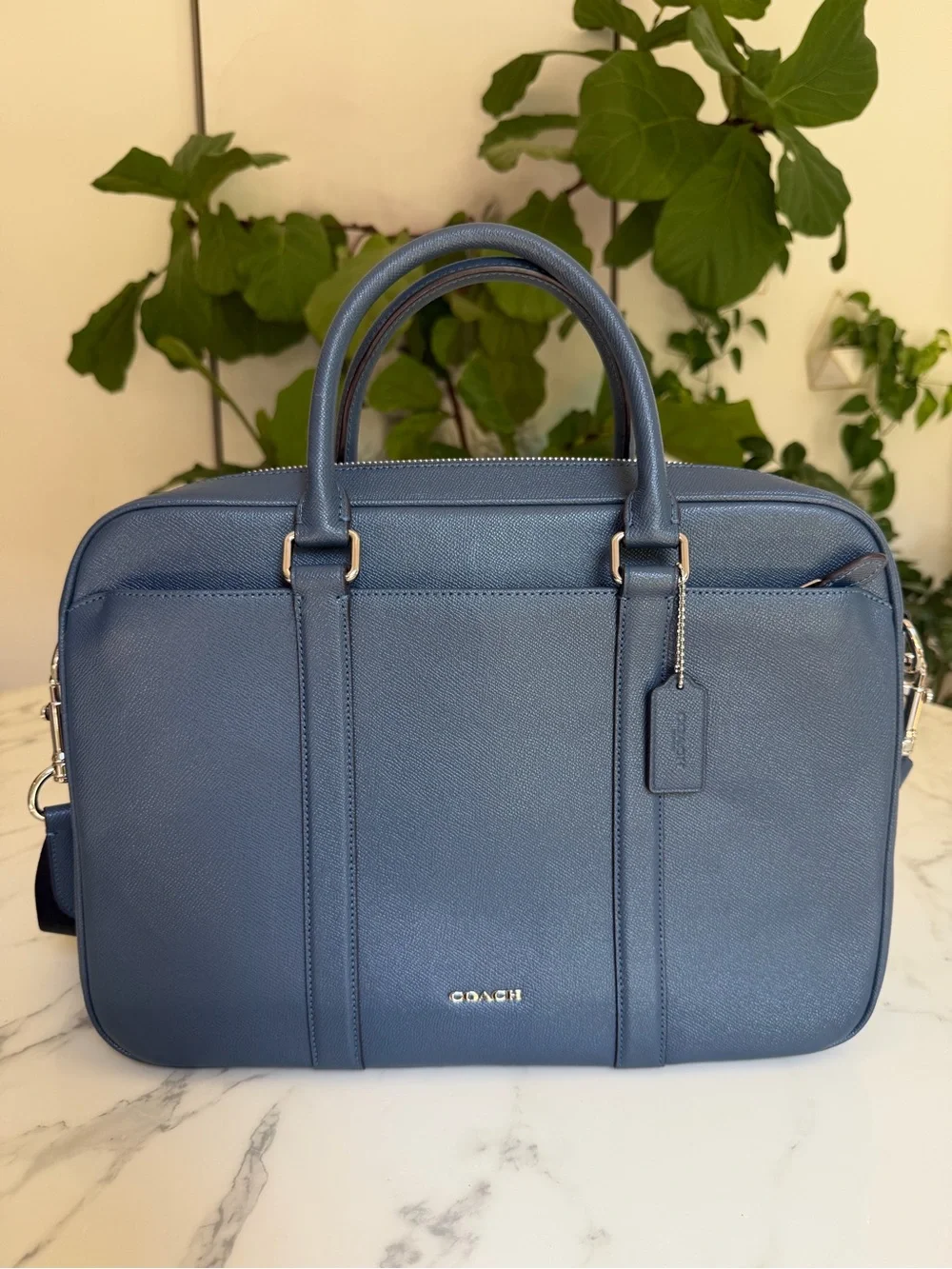 COACH Perry Slim Brief Briefcase Laptop Bag Denim Blue Leather F59057